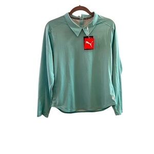 NWT PUMA Drycell Long Sleeve Double Collar Polo, Blue Turquoise w UV protection